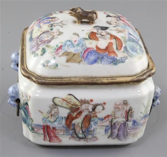 A Chinese famille rose square food warming vessel, liner and cover, Tongzhi mark and of the period (1862-74), width 5.5cm